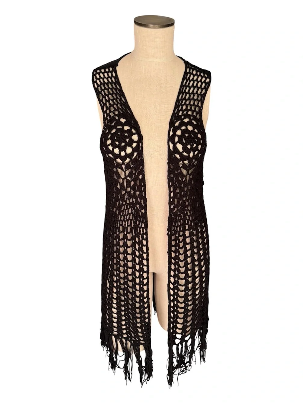 DO EVERYTHING IN LOVE Black Fringe Tribal Embroidered Crochet Boho Vest OS